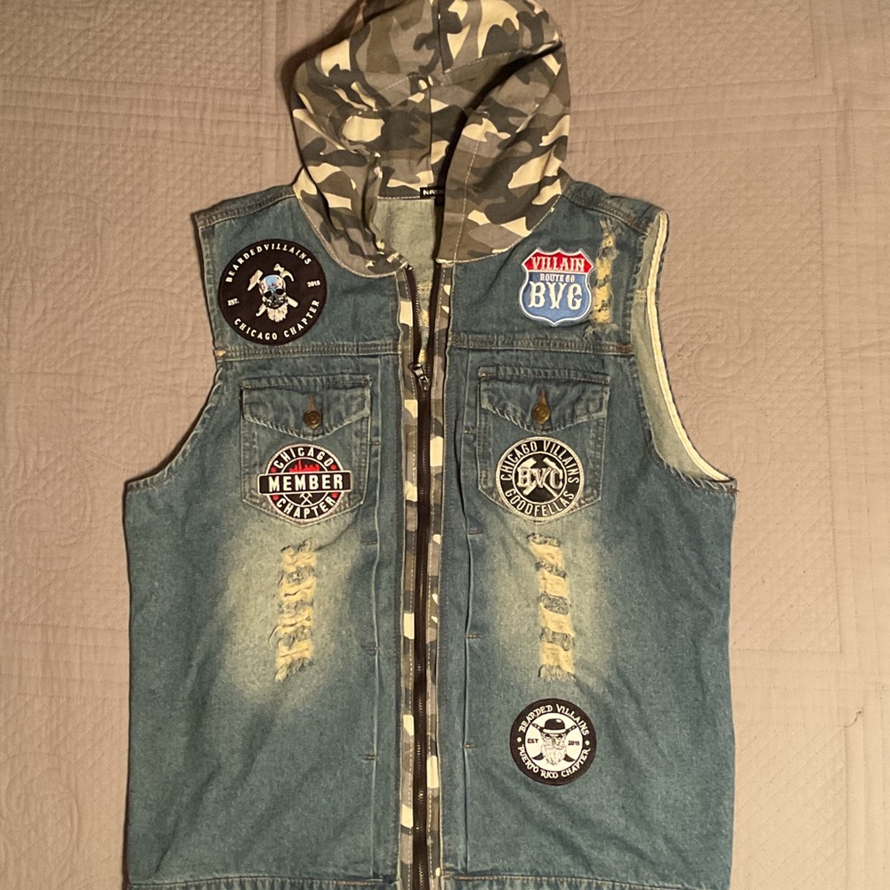 Denim Hooded Vest with Patches